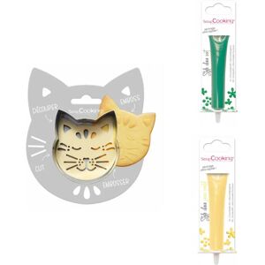 Kit pour biscuit en relief Chat + 2 Stylos au chocolat vert et jaune pastel Scrapcooking