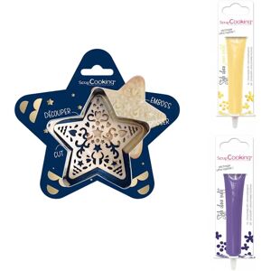 Kit pour biscuit en relief Étoile + 2 Stylos au chocolat jaune pastel et violet Scrapcooking