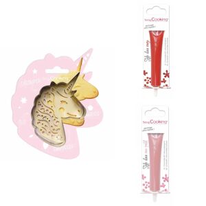 Kit pour biscuit en relief Licorne + 2 Stylos au chocolat rouge et rose pastel Scrapcooking