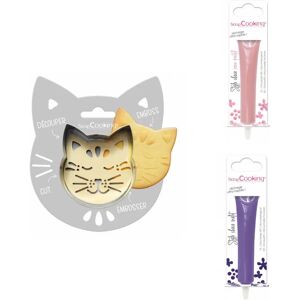 Kit pour biscuit en relief Chat + 2 Stylos au chocolat rose pastel et violet Scrapcooking