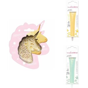 Kit pour biscuit en relief Licorne + 2 Stylos au chocolat jaune pastel et vert d'eau Scrapcooking