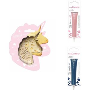 Kit pour biscuit en relief Licorne + 2 Stylos au chocolat rose pastel et bleu nuit Scrapcooking