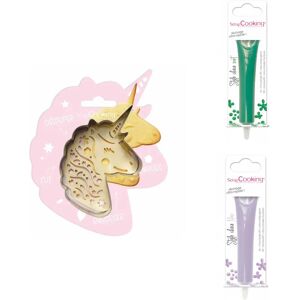 Kit pour biscuit en relief Licorne + 2 Stylos au chocolat vert et lilas Scrapcooking