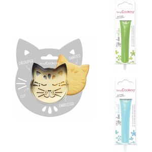 Kit pour biscuit en relief Chat + 2 Stylos au chocolat vert clair et bleu pastel Scrapcooking