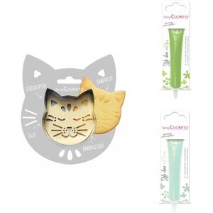 Kit pour biscuit en relief Chat + 2 Stylos au chocolat vert clair et vert d'eau Scrapcooking