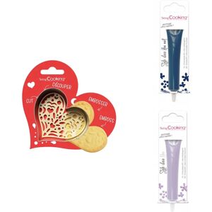 Kit pour biscuit en relief Coeur + 2 Stylos au chocolat bleu nuit et lilas Scrapcooking