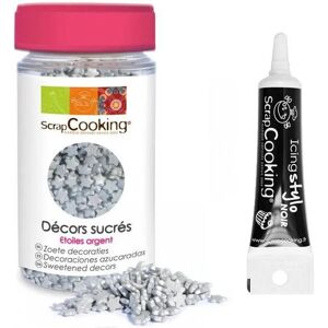 Decors sucres etoiles argente + Stylo de glacage noir Scrapcooking