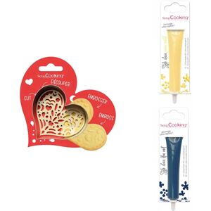 Kit pour biscuit en relief Coeur + 2 Stylos au chocolat jaune pastel et bleu nuit Scrapcooking