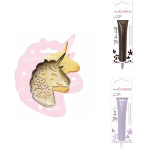 Kit pour biscuit en relief Licorne + 2 Stylos au chocolat marron et lilas Scrapcooking