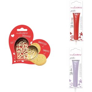 Kit pour biscuit en relief Coeur + 2 Stylos au chocolat rouge et lilas Scrapcooking