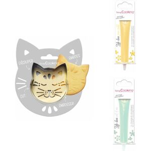 Kit pour biscuit en relief Chat + 2 Stylos au chocolat jaune pastel et vert d'eau Scrapcooking