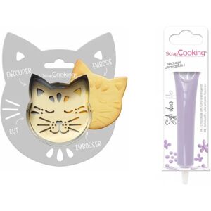 Kit pour biscuit en relief Chat + Stylo au chocolat lilas Scrapcooking