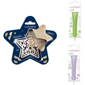 Kit pour biscuit en relief Étoile + 2 Stylos au chocolat vert clair et lilas Scrapcooking