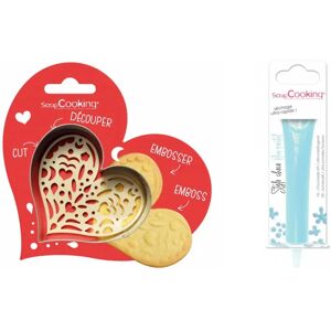 Kit pour biscuit en relief Coeur + Stylo au chocolat bleu pastel Scrapcooking