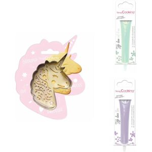 Kit pour biscuit en relief Licorne + 2 Stylos au chocolat vert d'eau et lilas Scrapcooking