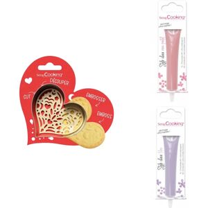 Kit pour biscuit en relief Coeur + 2 Stylos au chocolat rose pastel et lilas Scrapcooking