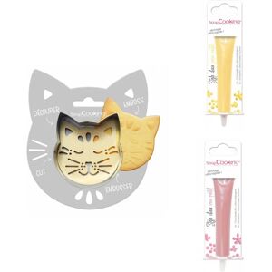 Kit pour biscuit en relief Chat + 2 Stylos au chocolat jaune pastel et rose pastel Scrapcooking