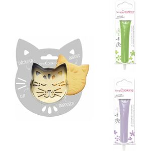 Kit pour biscuit en relief Chat + 2 Stylos au chocolat vert clair et lilas Scrapcooking