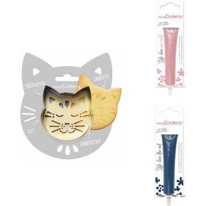 Kit pour biscuit en relief Chat + 2 Stylos au chocolat rose pastel et bleu nuit Scrapcooking