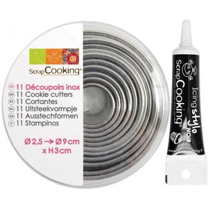 11 emporte-pieces ronds en inox + Stylo de glacage noir Scrapcooking