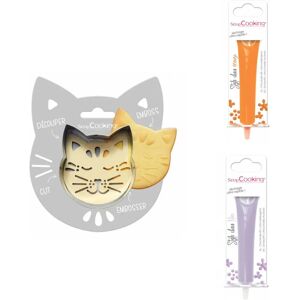 Kit pour biscuit en relief Chat + 2 Stylos au chocolat orange et lilas Scrapcooking