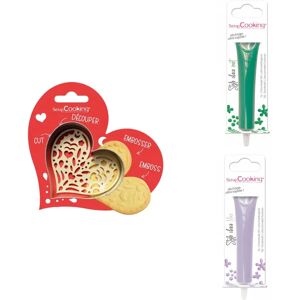 Kit pour biscuit en relief Coeur + 2 Stylos au chocolat vert et lilas Scrapcooking