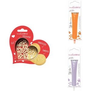 Kit pour biscuit en relief Coeur + 2 Stylos au chocolat orange et lilas Scrapcooking