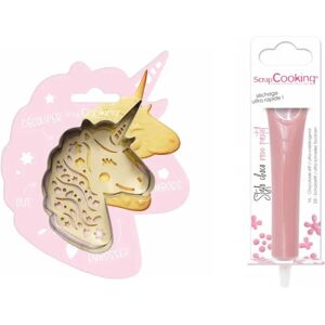 Kit pour biscuit en relief Licorne + Stylo au chocolat rose pastel Scrapcooking