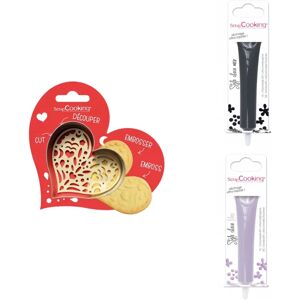 Kit pour biscuit en relief Coeur + 2 Stylos au chocolat noir et lilas Scrapcooking