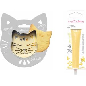 Kit pour biscuit en relief Chat + Stylo au chocolat jaune pastel Scrapcooking