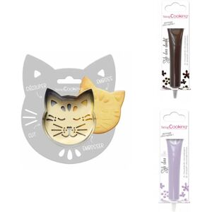 Kit pour biscuit en relief Chat + 2 Stylos au chocolat marron et lilas Scrapcooking