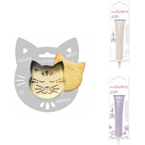 Kit pour biscuit en relief Chat + 2 Stylos au chocolat blanc et lilas Scrapcooking