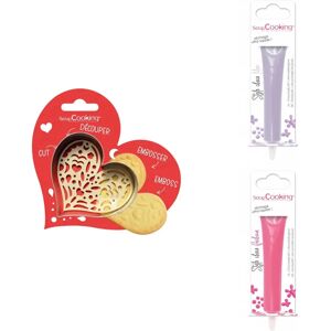 Kit pour biscuit en relief Coeur + 2 Stylos au chocolat lilas et fuchsia Scrapcooking