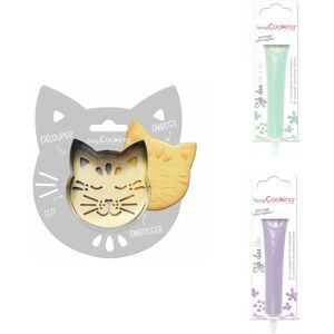 Kit pour biscuit en relief Chat + 2 Stylos au chocolat vert d'eau et lilas Scrapcooking