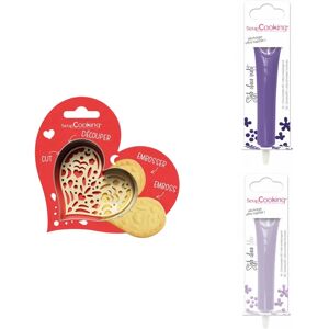 Kit pour biscuit en relief Coeur + 2 Stylos au chocolat violet et lilas Scrapcooking