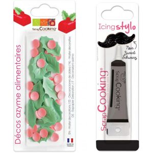 Decorations en feuille azyme Houx de Noel + Stylo de glacage noir Scrapcooking