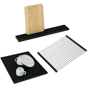 Lot tapis egouttoirs silicone noirs 30x40 cm et 42x8cm et egouttoir filaire