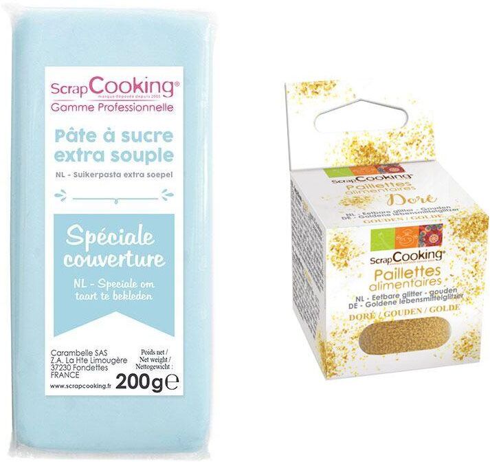 Pâte à sucre de couverture bleu clair 200 g + paillettes dorées Scrapcooking