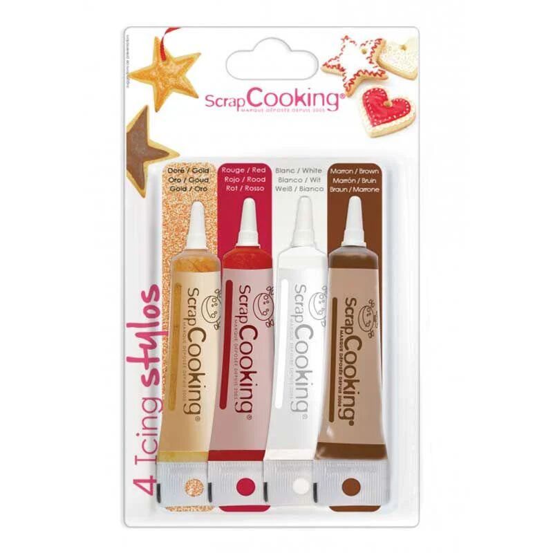 4 stylos de glaçage or, chocolat, blanc et rouge Scrapcooking