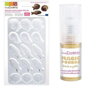 Moule rigide pour fritures en chocolat + 1 poudre alimentaire irisee doree Scrapcooking