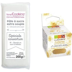 Pate a sucre de couverture blanche 200 g + paillettes dorees Scrapcooking