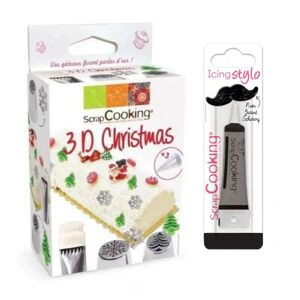 Kit de douilles a patisserie 3D Noel + Stylo de glacage noir Scrapcooking