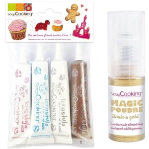 4 stylos de glacage blanc, rose, bleu, chocolat + Poudre alimentaire irisee doree Scrapcooking