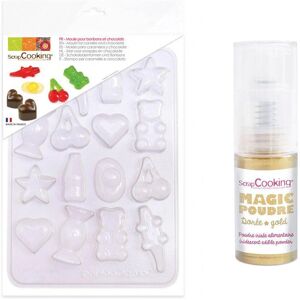 Moule en plastique pour bonbons et chocolats + 1 poudre alimentaire irisee doree Scrapcooking