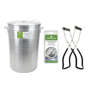 Lot cuiseur 90 L 24 bocaux avec thermometre a cadran et pince a bocal Le Pratique [Gris metallise]