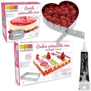 3 cadres patisserie extensibles coeur, cercle & rectangle + stylo glacage noir Youdoit