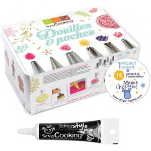 Coffret 6 douilles patissieres inox & poches jetables + Stylo glacage noir Scrapcooking