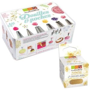 Coffret a patisserie 6 douilles inox et poches jetables + paillettes dorees Scrapcooking