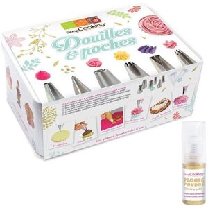 Coffret 6 douilles patissieres inox et poches jetables + 1 poudre irisee doree Scrapcooking