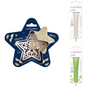 Kit pour biscuit en relief Étoile + 2 Stylos au chocolat blanc et vert clair Scrapcooking